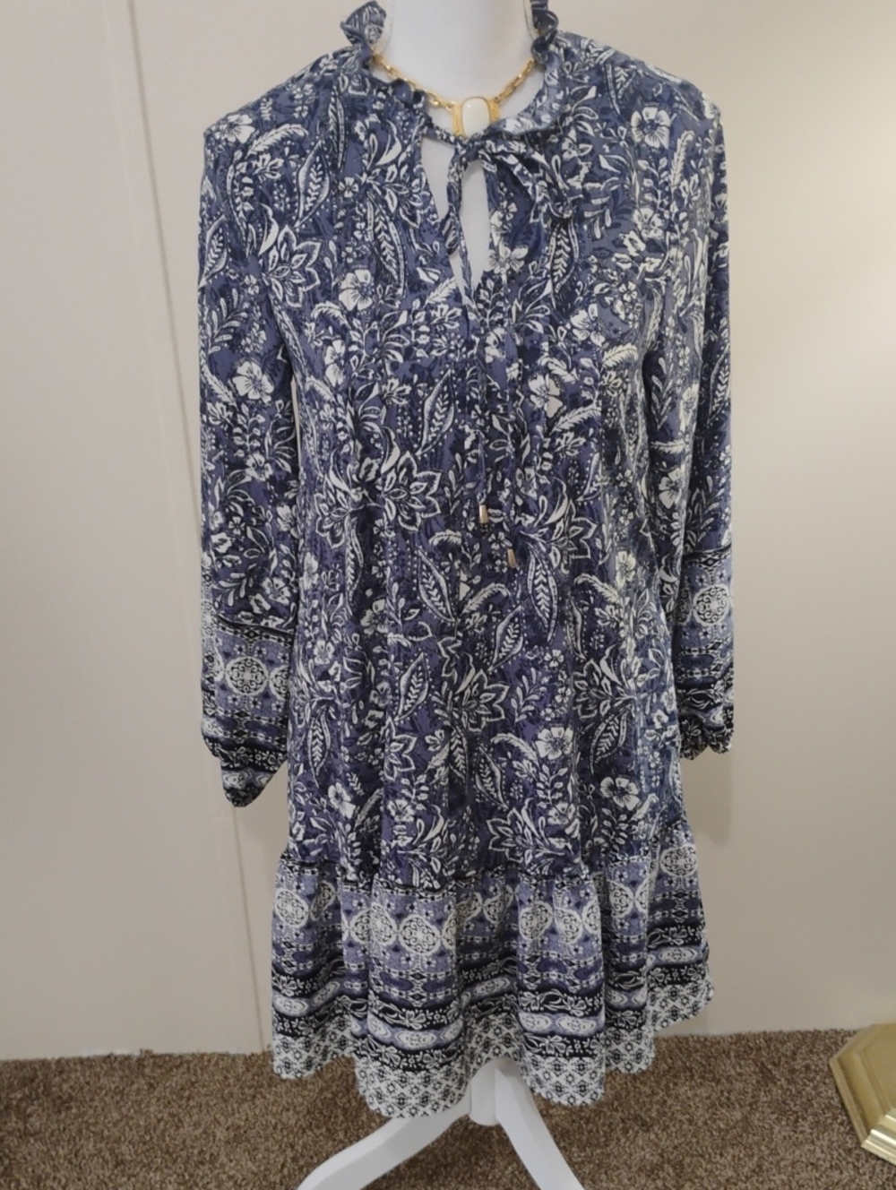 Rachel Zoe Navy and White Paisley Tie-Neck Long Sleeve Dress